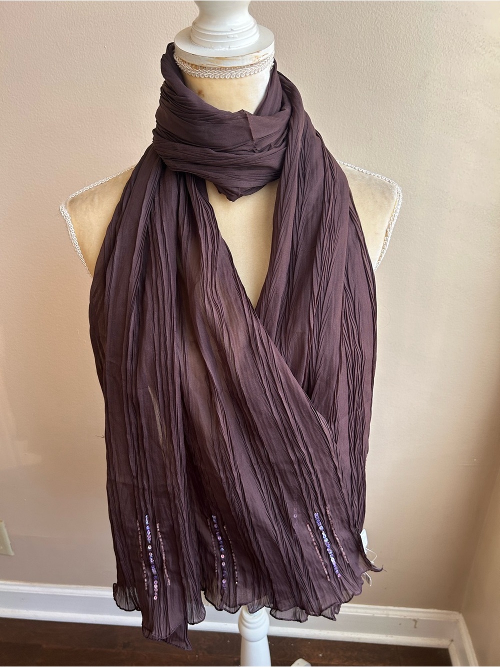 Women's Crinkled Plum Scarf with Subtle Sequin Detail - Picture 2 of 3